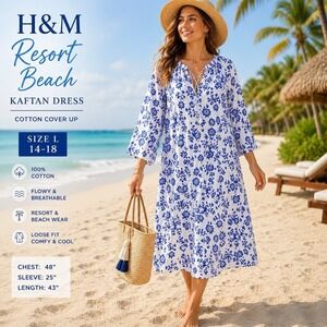 H&M Resort Beach Kaftan Dress L Sz 1-18 Blue White Floral Cotton Cover Up Midi